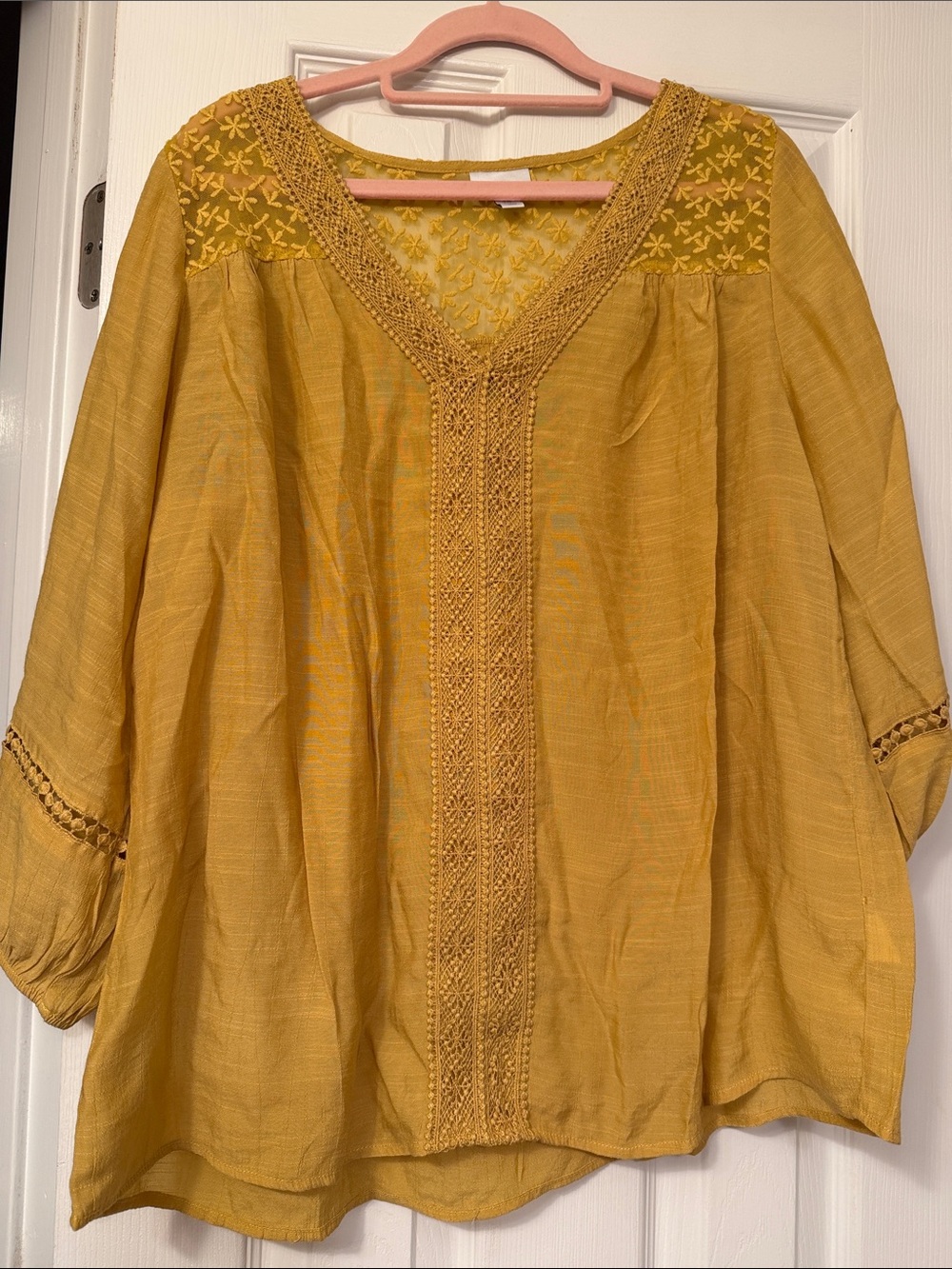 Avenue Mustard Yellow Embroidered V-Neck Tunic